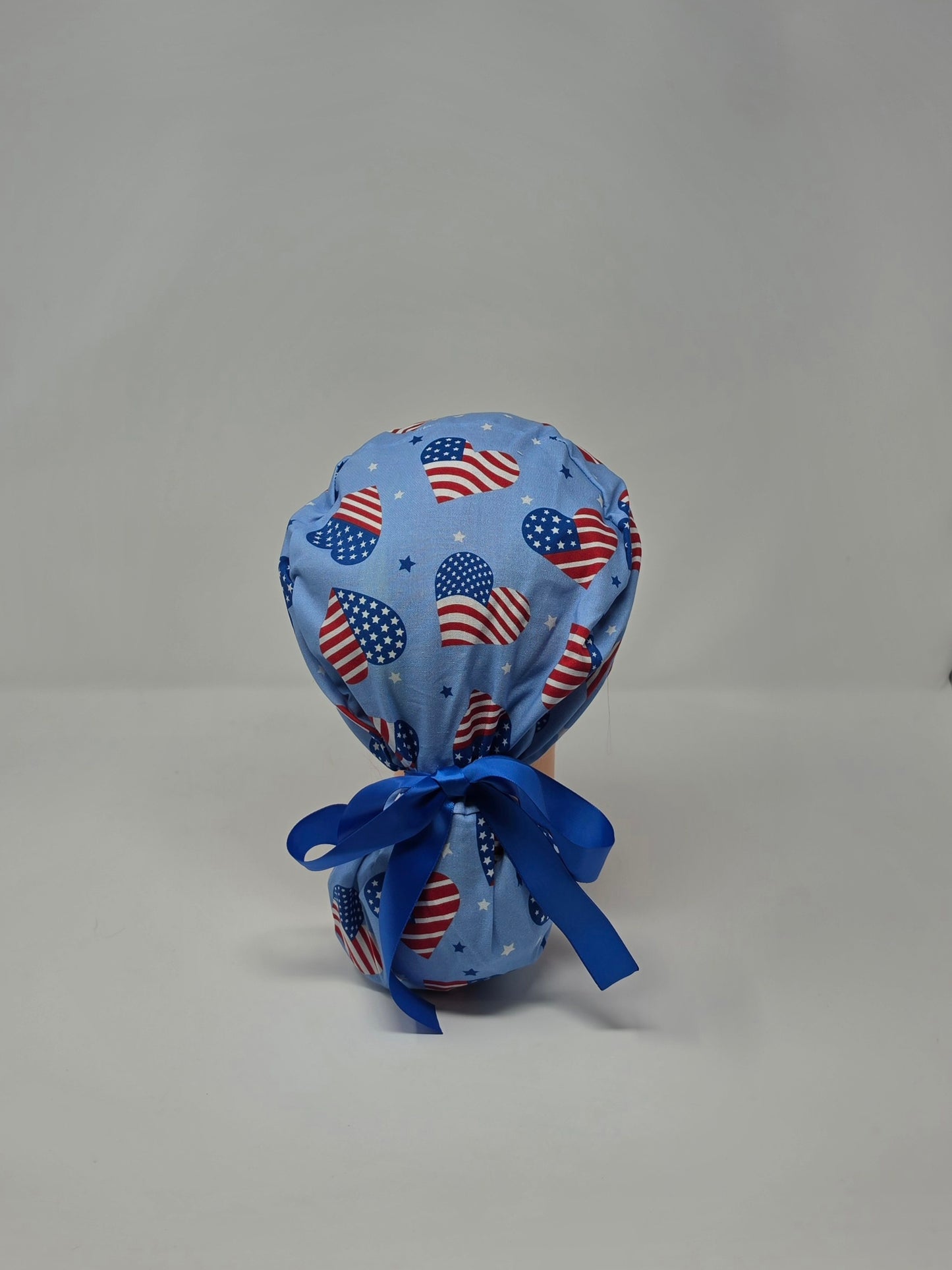 Ponytail Scrub Cap. Flag Hearts