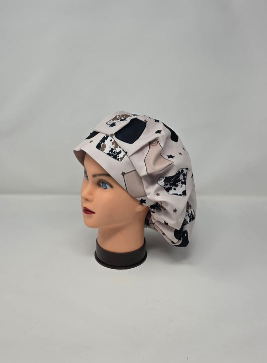 Adjustable Bouffant Scrub Cap. Cow Tags