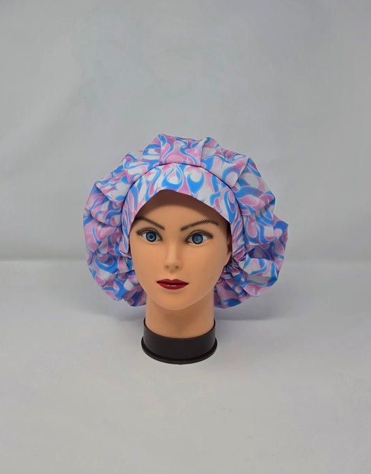 Adjustable Bouffant Scrub Cap. Pink/Blue Flames