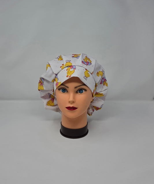 Adjustable Bouffant Scrub Cap. Ducks in Rainboots