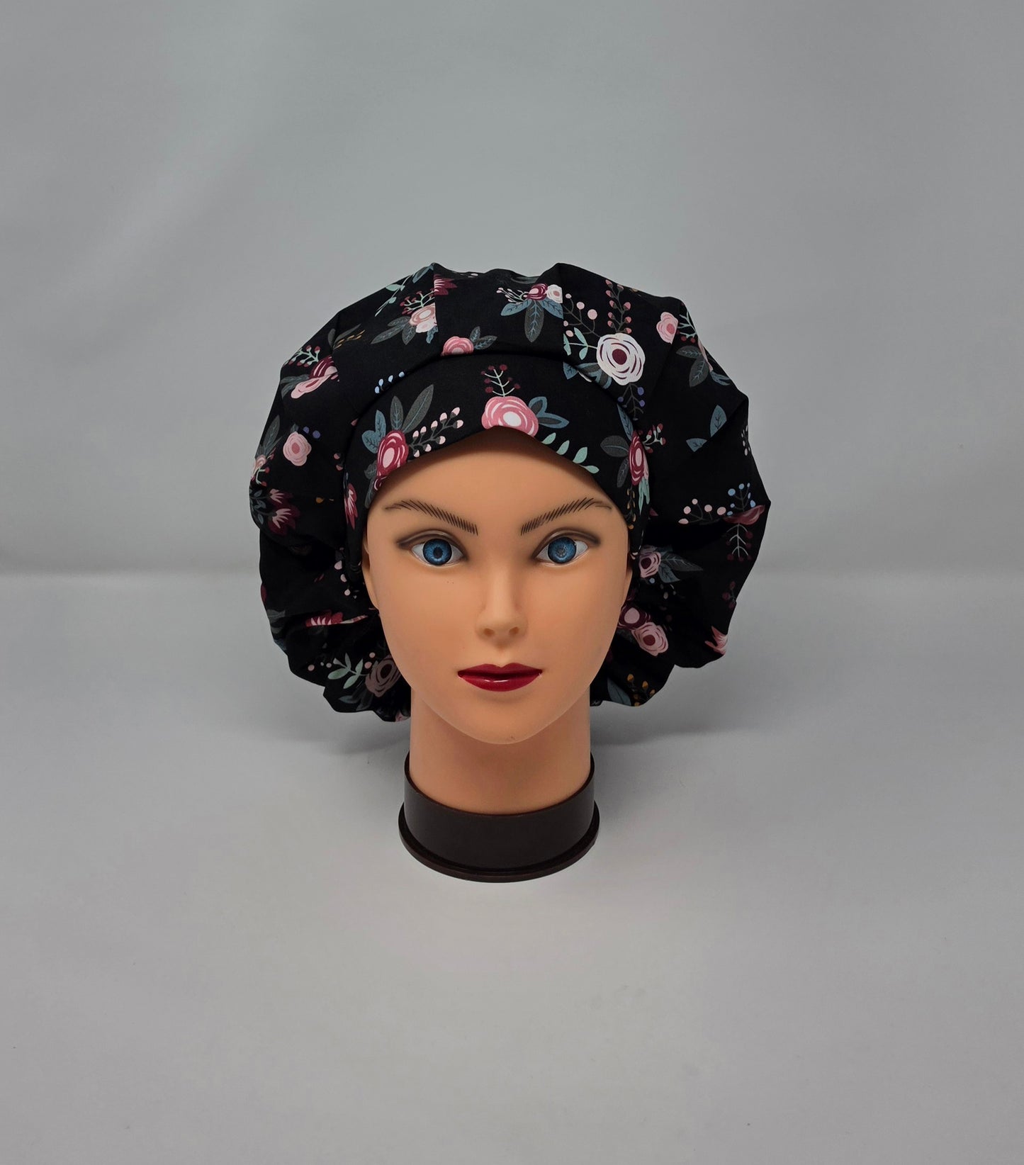 Adjustable Bouffant Scrub Cap. Pink/Black Floral