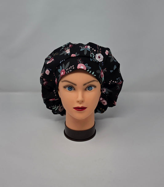 Adjustable Bouffant Scrub Cap. Pink/Black Floral