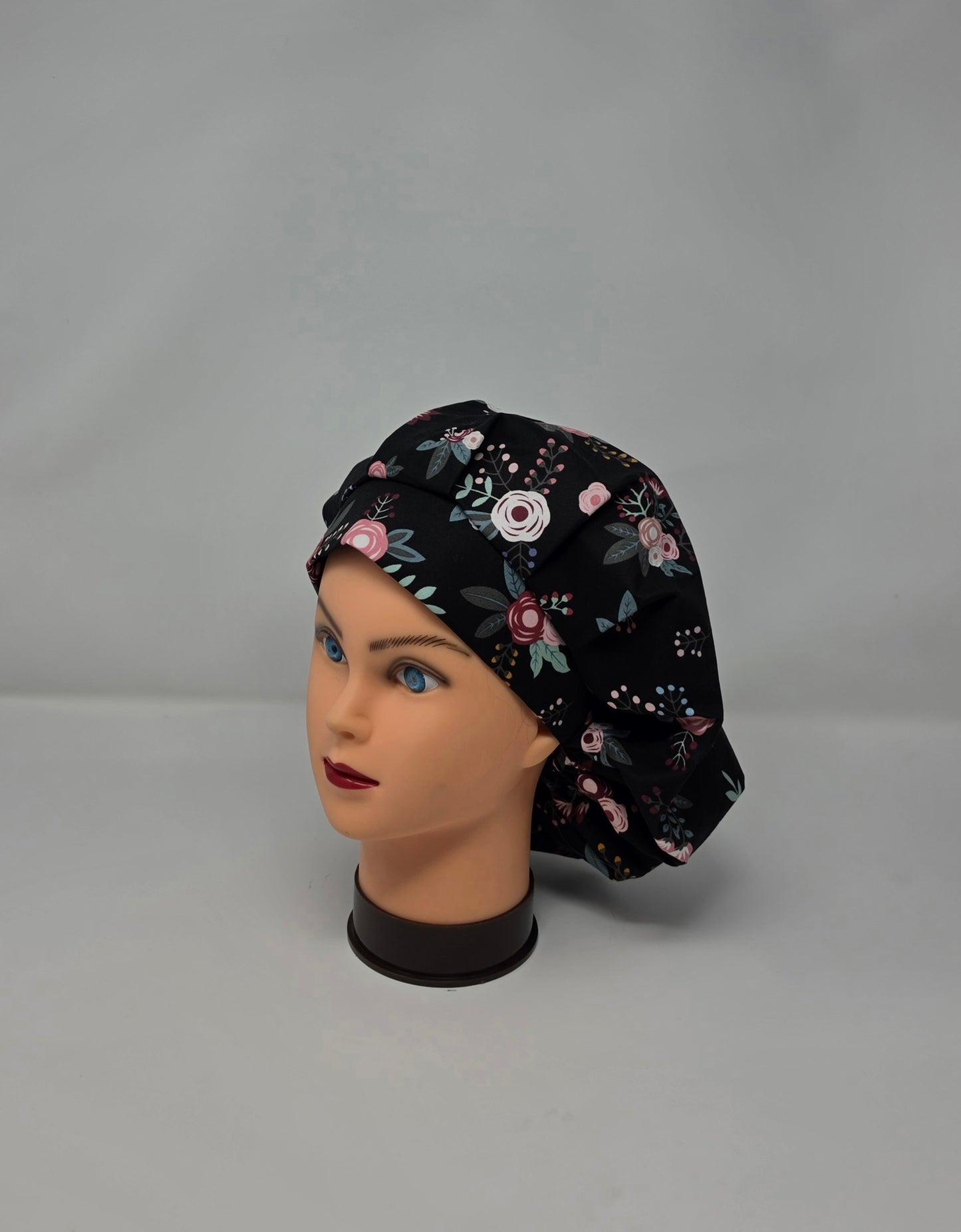 Adjustable Bouffant Scrub Cap. Pink/Black Floral