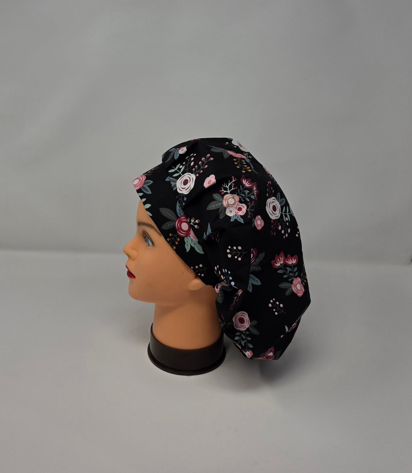 Adjustable Bouffant Scrub Cap. Pink/Black Floral