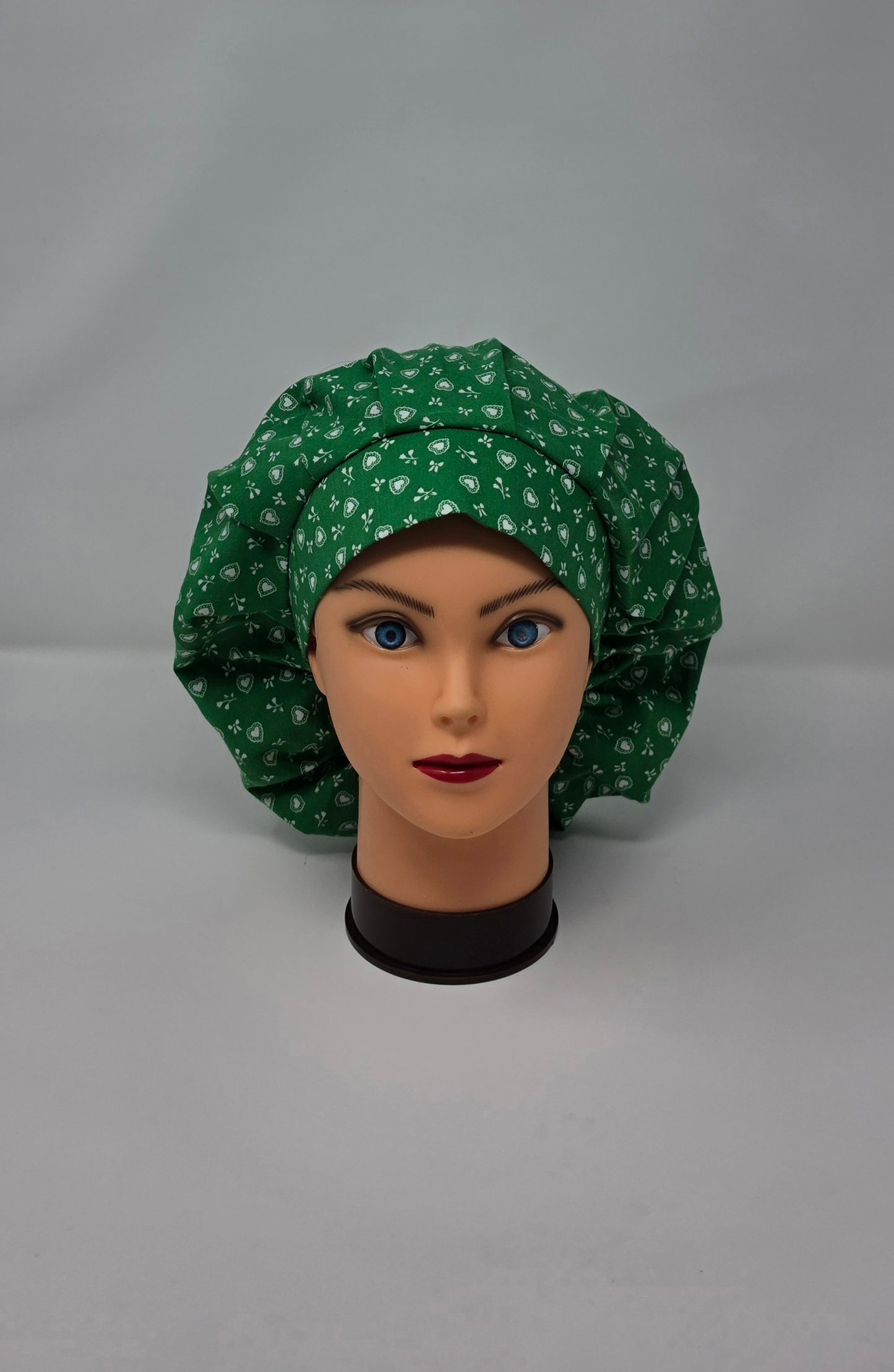 Adjustable Bouffant Scrub Cap. Vintage Fabric, Green with White Hearts