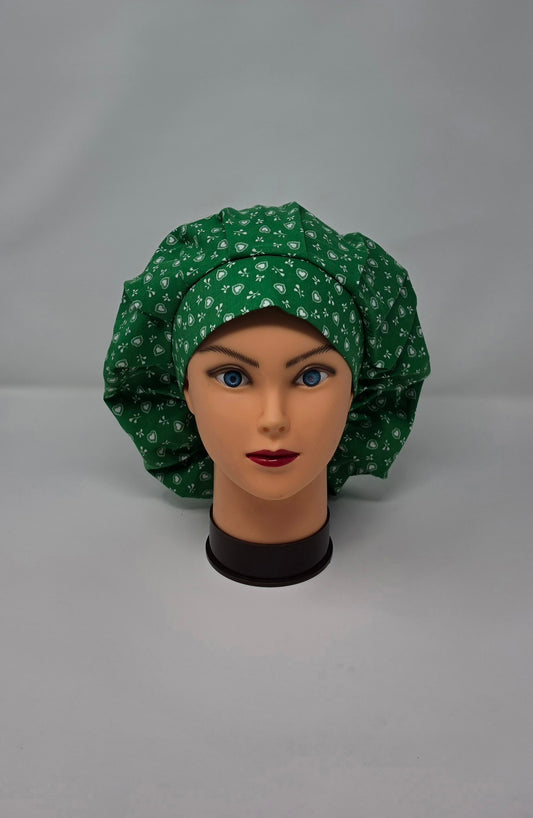 Adjustable Bouffant Scrub Cap. Vintage Fabric, Green with White Hearts