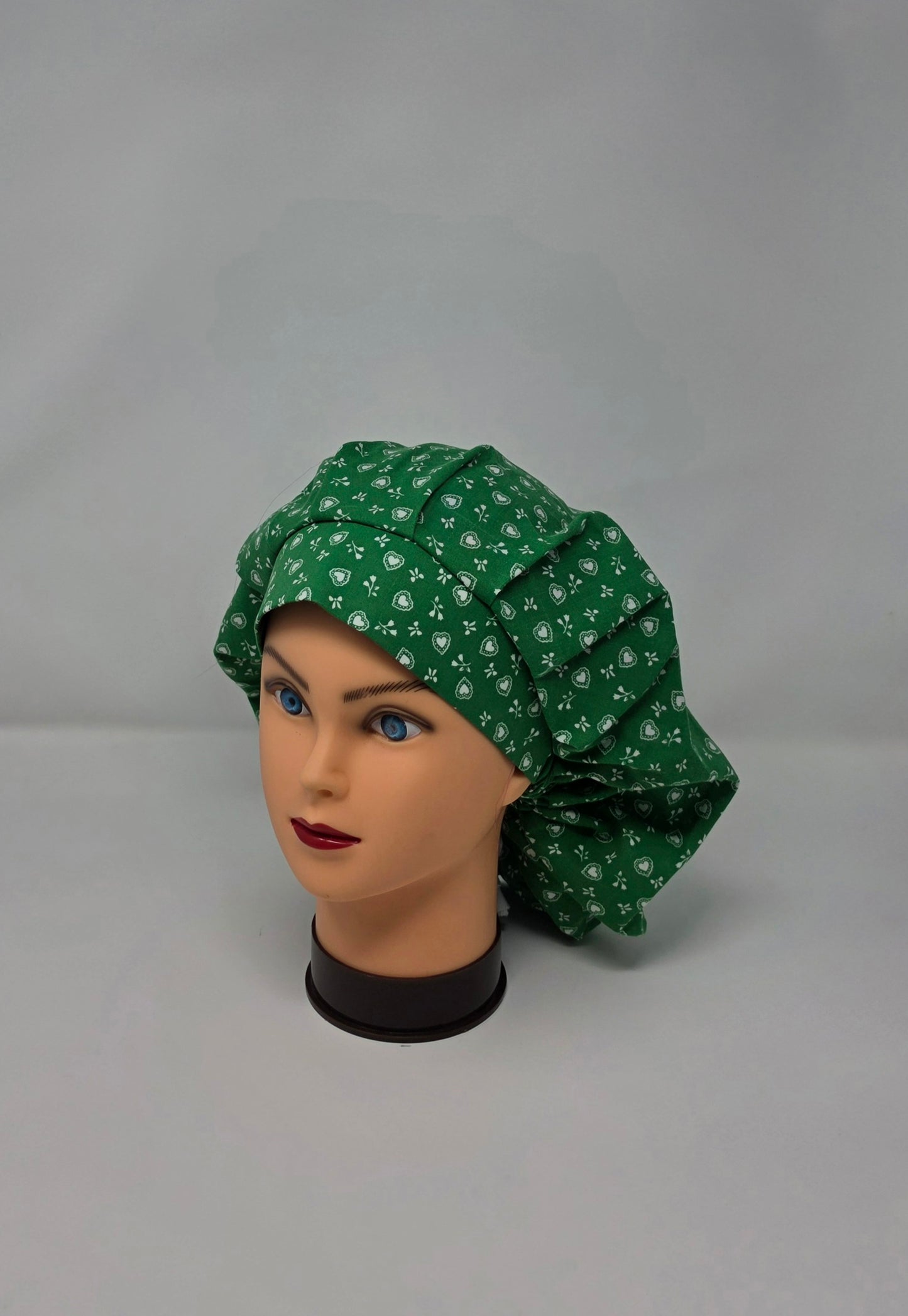 Adjustable Bouffant Scrub Cap. Vintage Fabric, Green with White Hearts