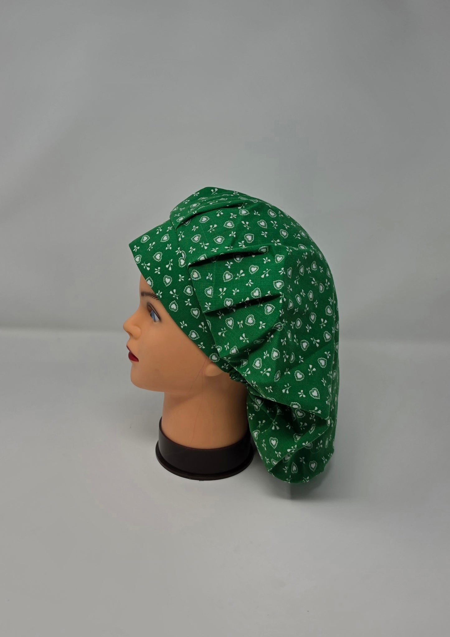Adjustable Bouffant Scrub Cap. Vintage Fabric, Green with White Hearts