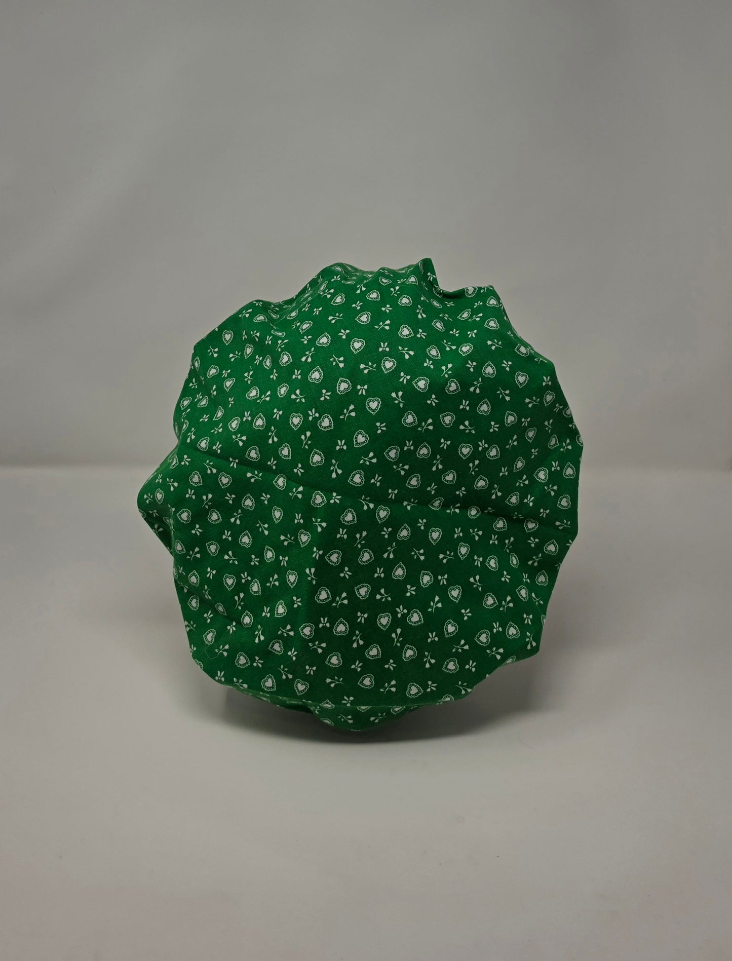 Adjustable Bouffant Scrub Cap. Vintage Fabric, Green with White Hearts