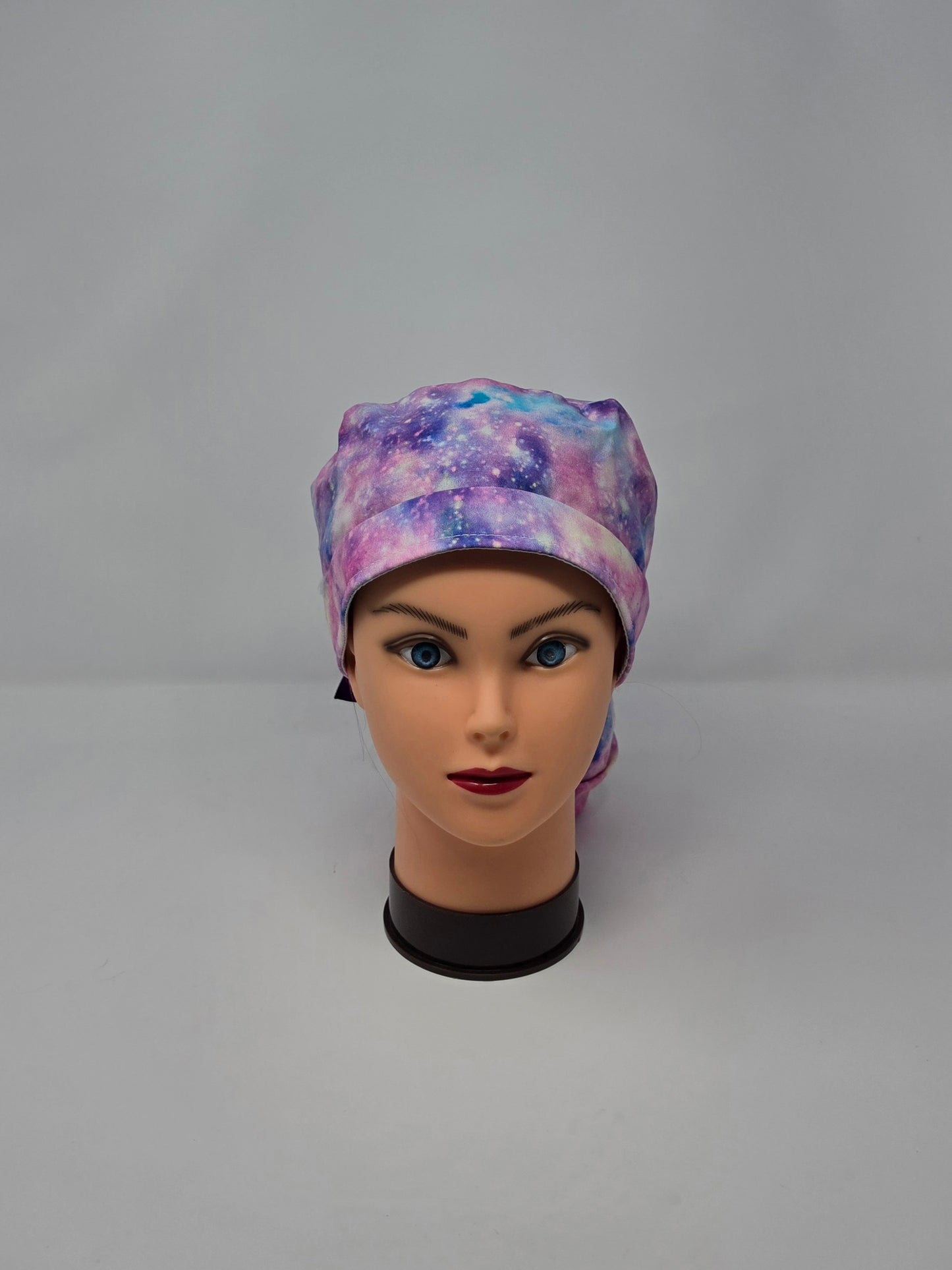 Ponytail Scrub Cap. Pink/Purple Galaxy With Purple Ribbon