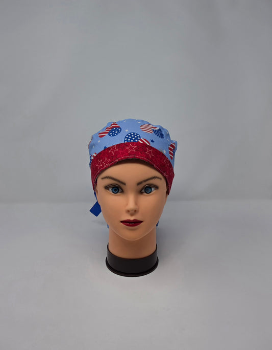 Ponytail Scrub Cap. Flag Hearts