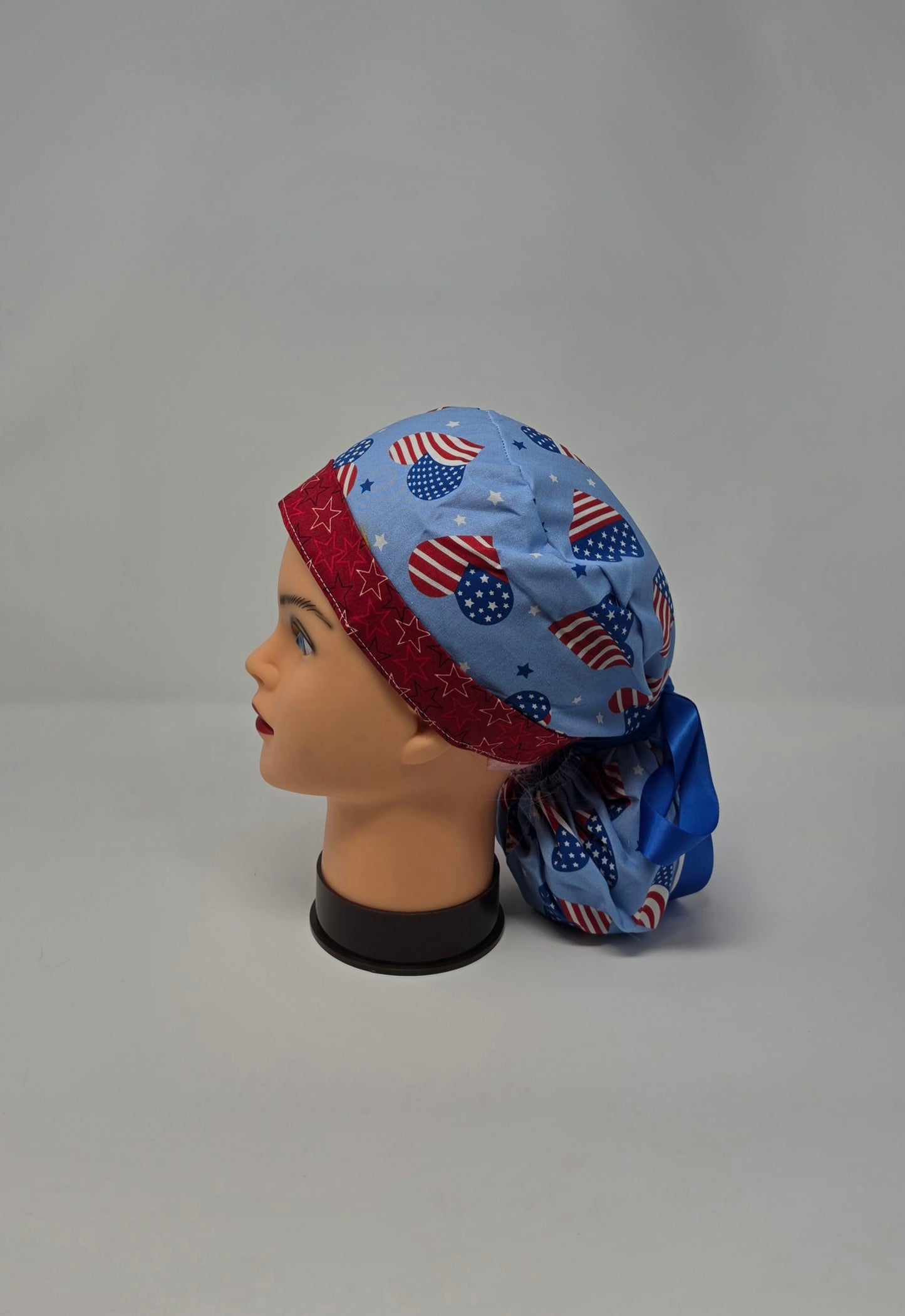 Ponytail Scrub Cap. Flag Hearts