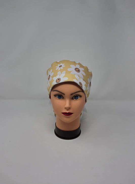 Ponytail Scrub Cap/ Smile Face Flowers