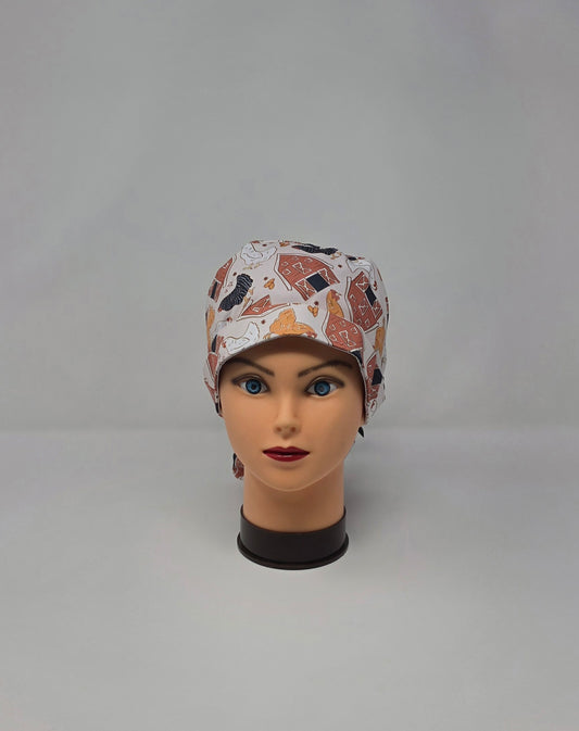 Ponytail Scrub Cap. Farm Chickens