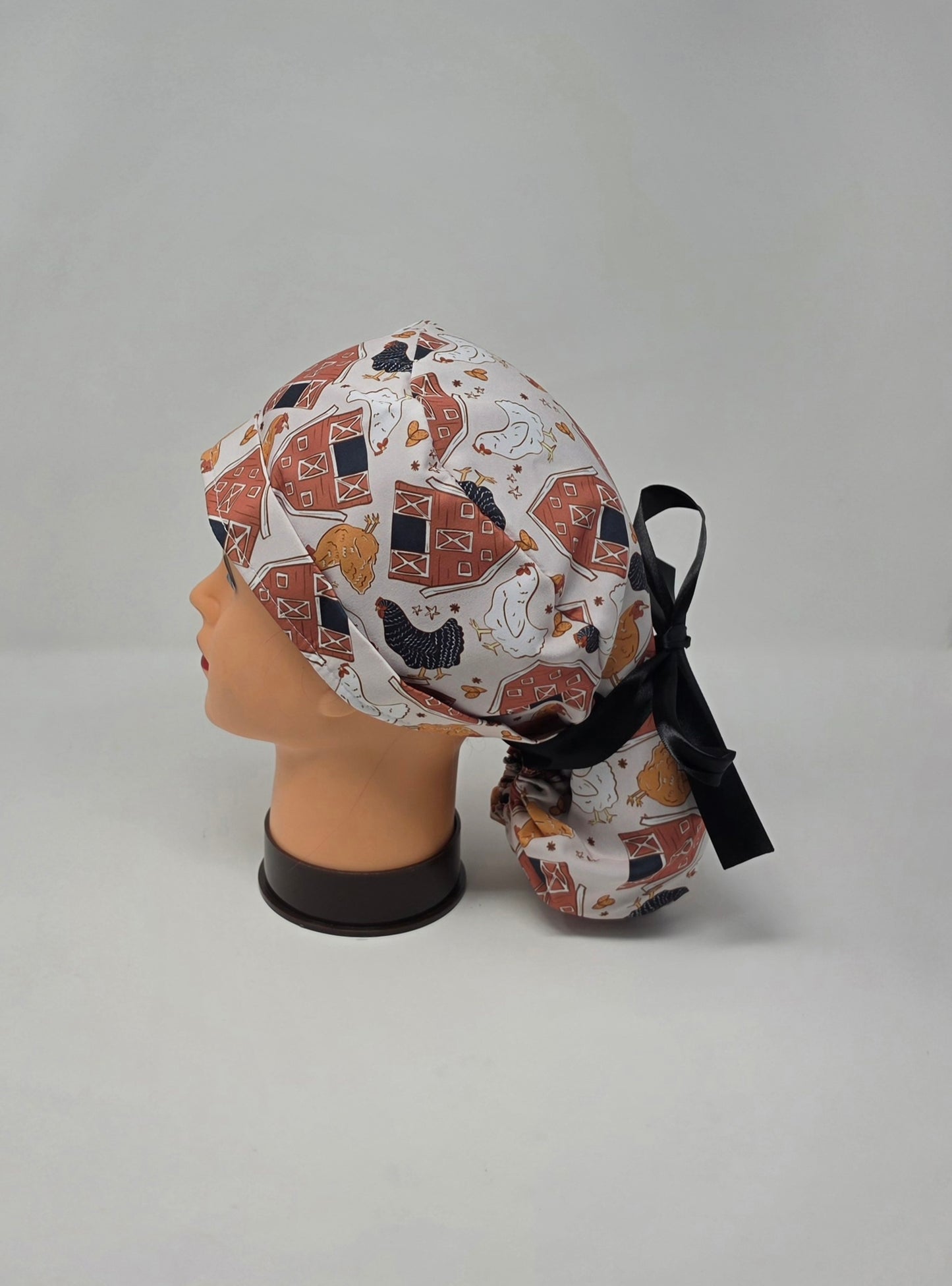 Ponytail Scrub Cap. Farm Chickens
