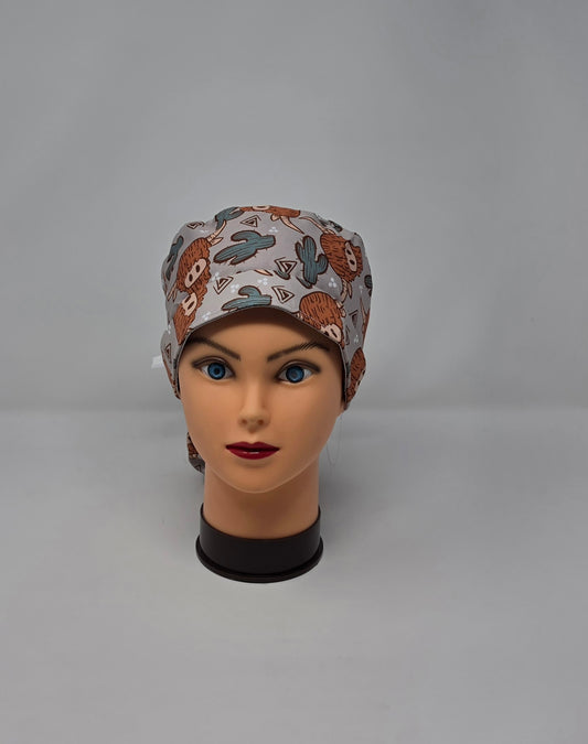 Ponytail Scrub Cap. Highland Cow