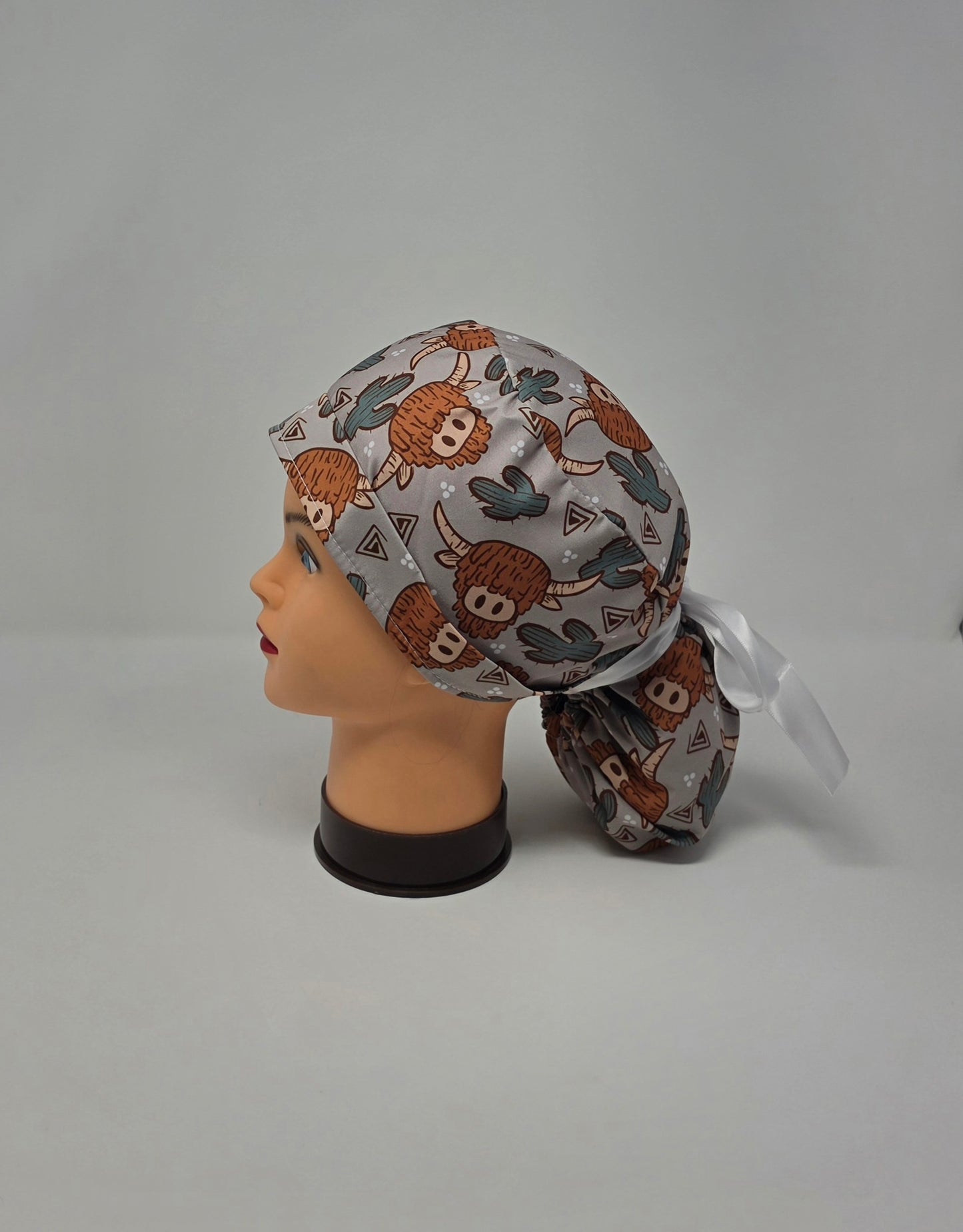 Ponytail Scrub Cap. Highland Cow