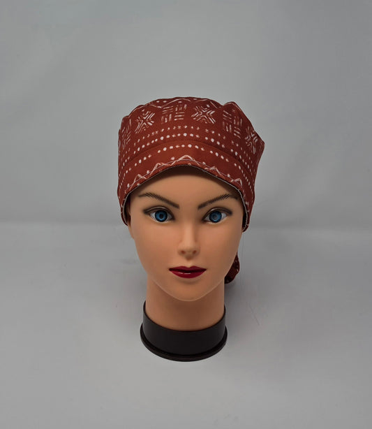 Ponytail Scrub Cap. Brown Aztec