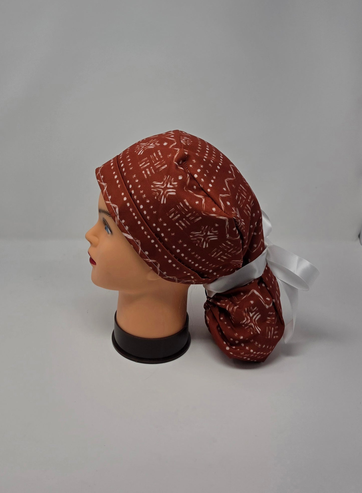 Ponytail Scrub Cap. Brown Aztec