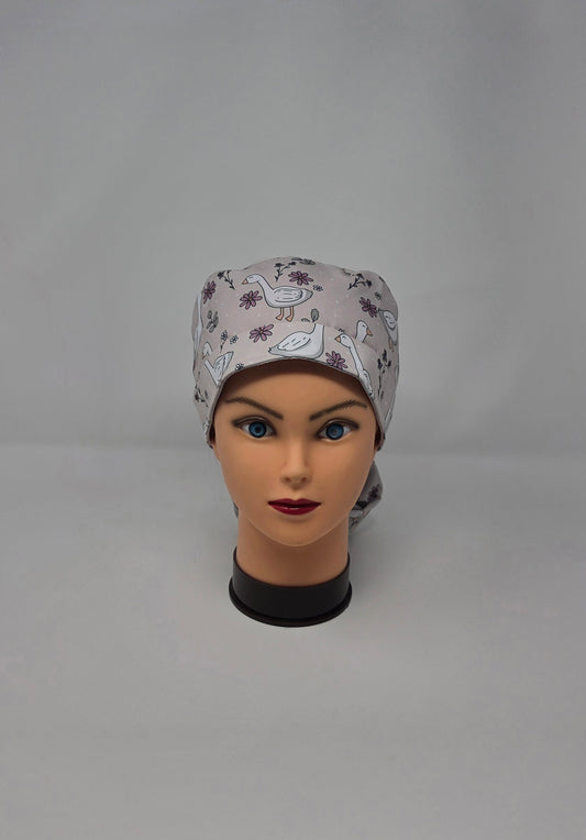 Ponytail Scrub Cap. Porch Goose with White Ribbon