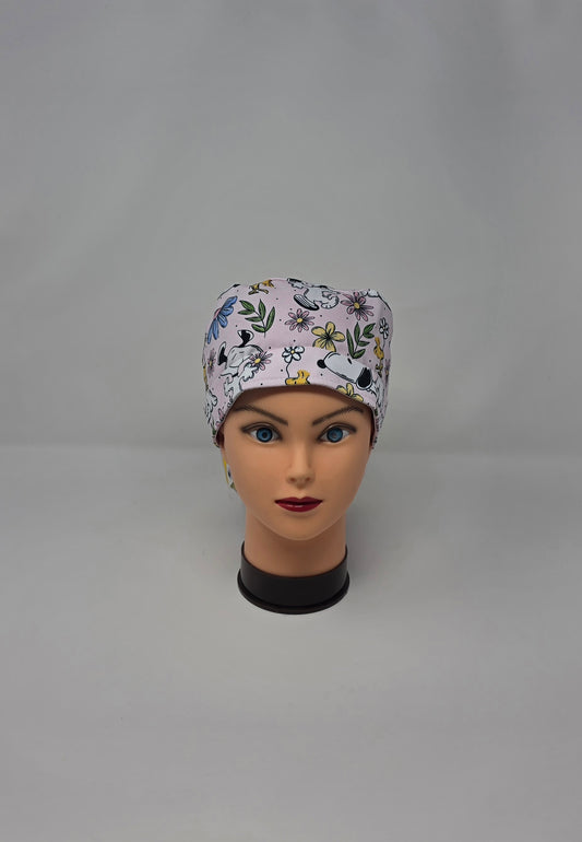 Ponytail Scrub Cap. White dog