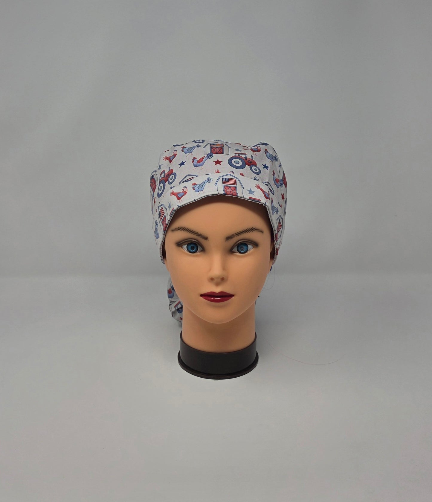 Ponytail Scrub Cap. Red, White Blue Farm
