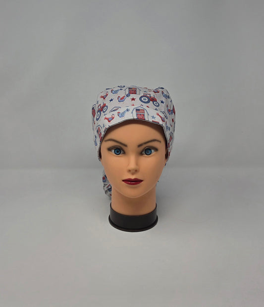 Ponytail Scrub Cap. Red, White Blue Farm