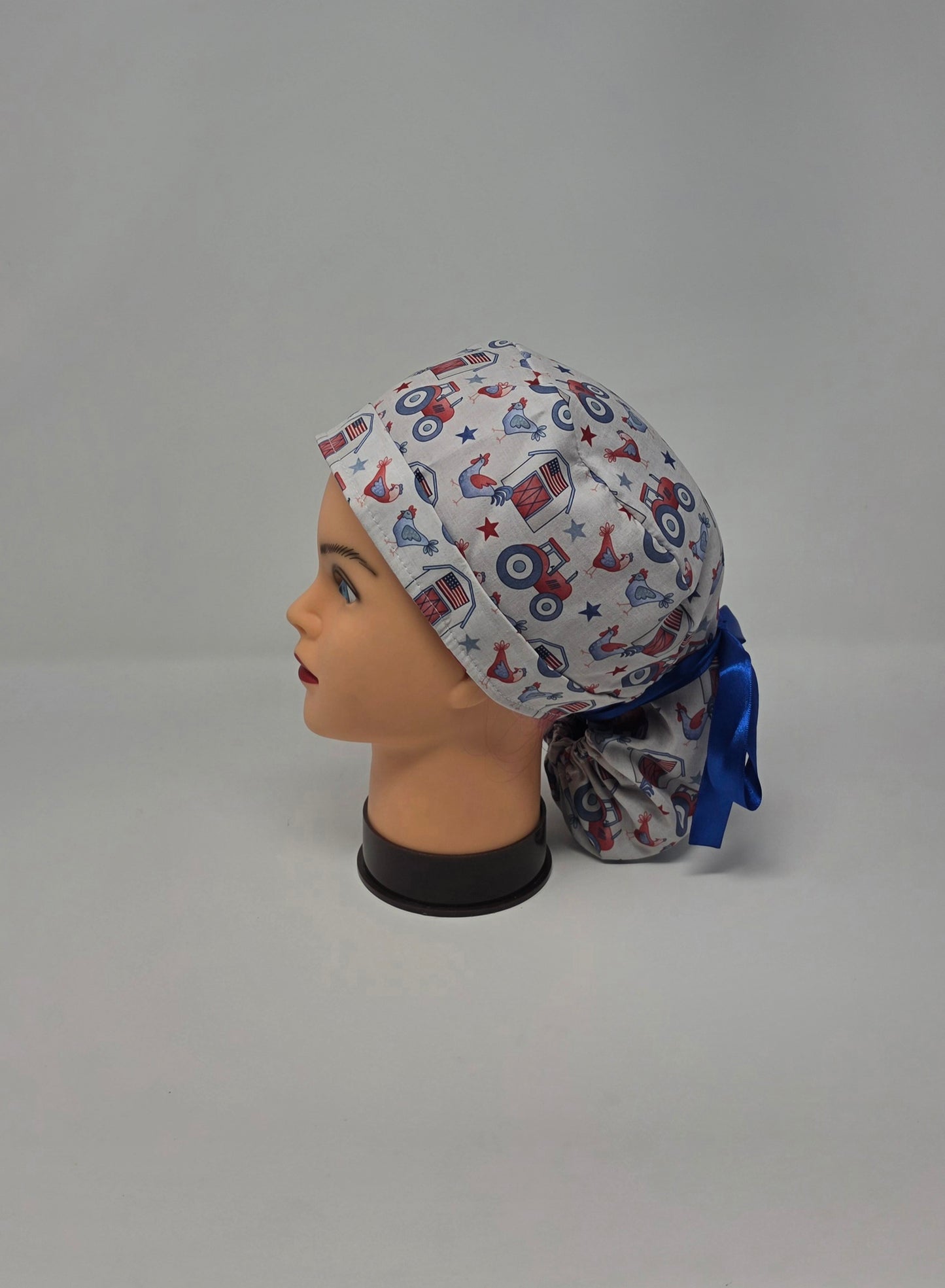 Ponytail Scrub Cap. Red, White Blue Farm