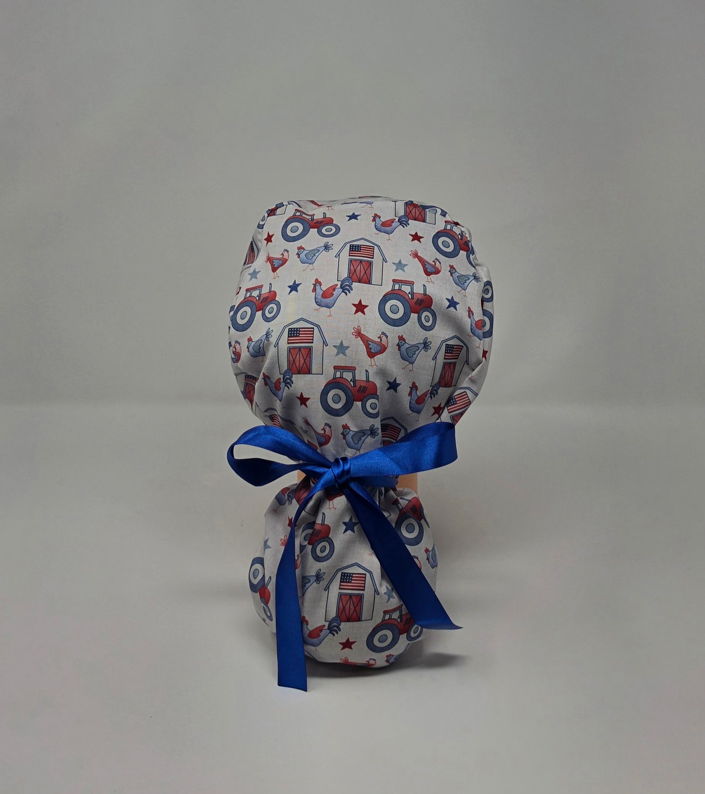 Ponytail Scrub Cap. Red, White Blue Farm