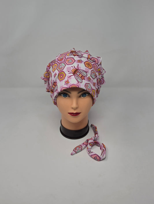 Headband Scrub Cap. Pink Bees