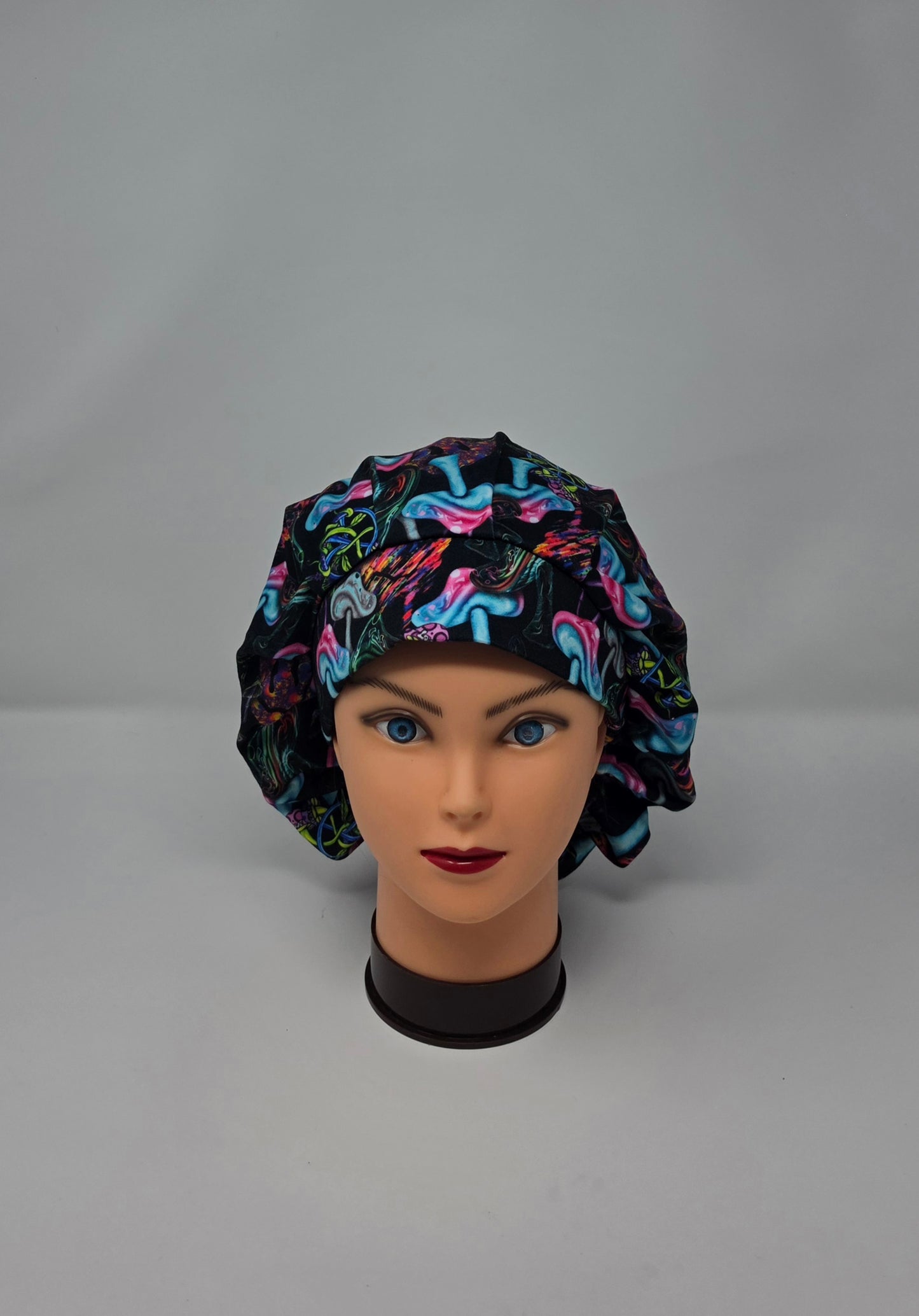 Adjustable DBP Bouffant Scrub Cap. Neon Mushrooms