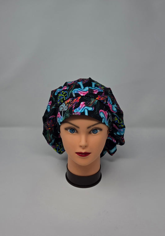 Adjustable DBP Bouffant Scrub Cap. Neon Mushrooms