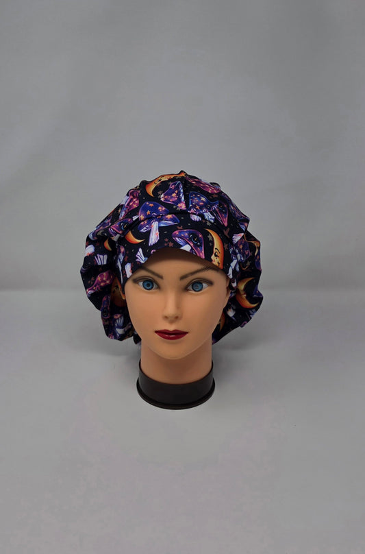 Adjustable DBP Bouffant Scrub Cap. Moon & Mushrooms